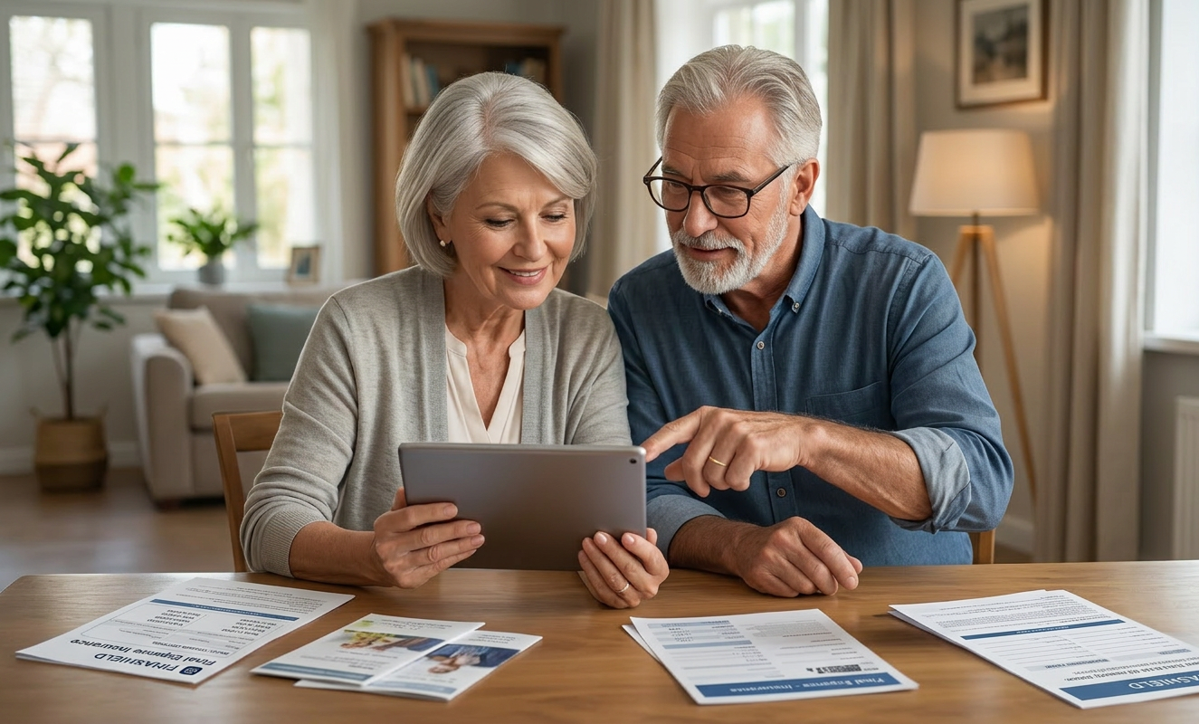 Happy senior couple shopping for insurance